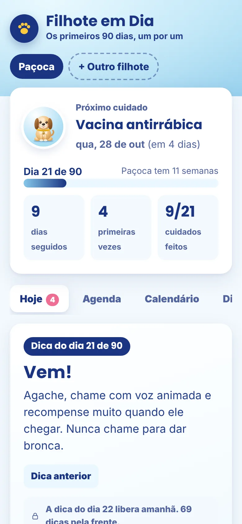 Tela Hoje com o próximo cuidado e a dica do dia