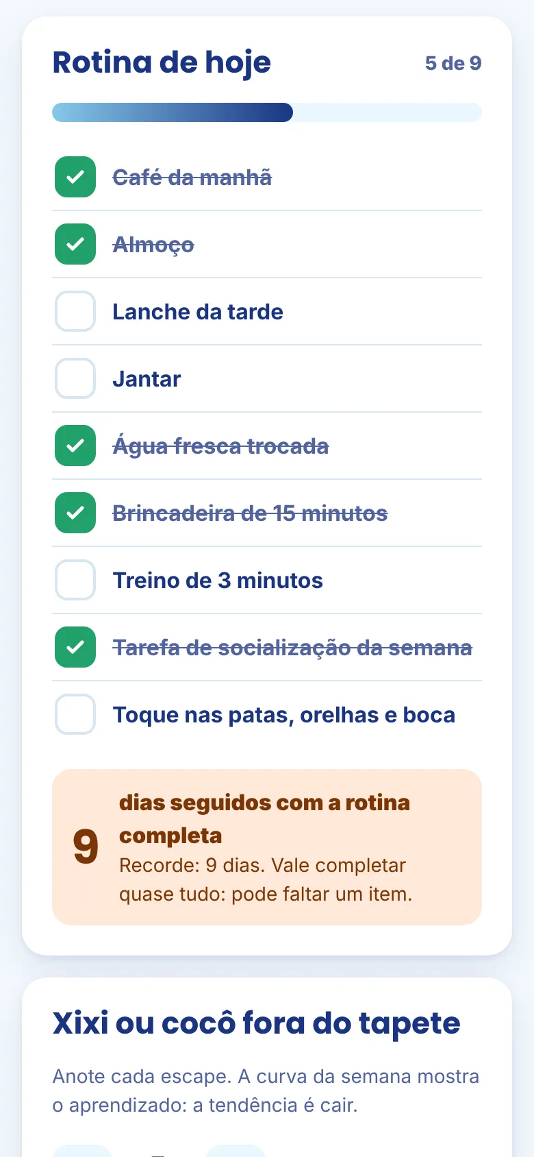 Rotina do dia com sequência de dias e contador de escapes
