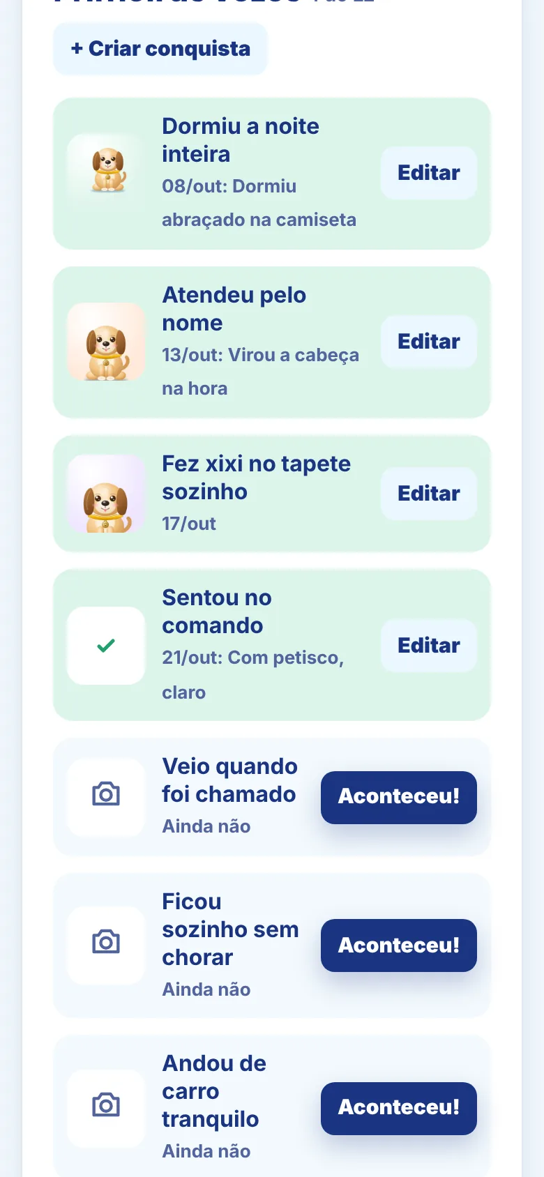 Diário com as primeiras vezes do filhote e fotos