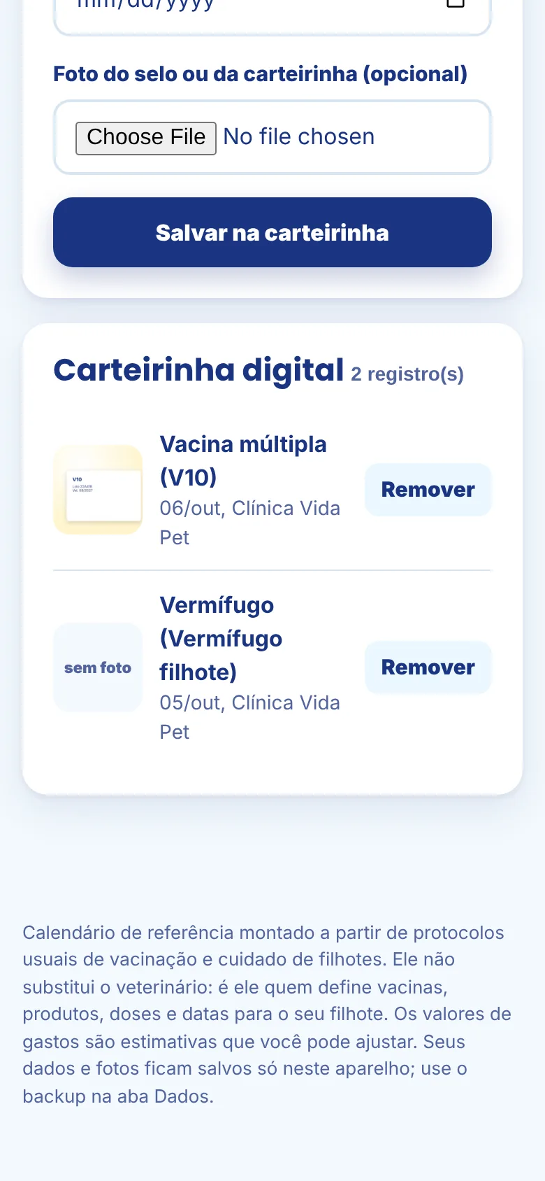Carteirinha digital com as vacinas registradas